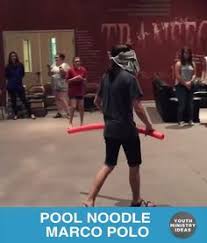 Use A Pool Noodle And Blind Fold To Play Marco Polo On Dry Land Youth Ministry Ideas And Games Youth Games Kids Party Games Youth Game