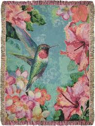 Bright, beautiful hummingbird graphics bring a bloom of summery color to your home year round; Hummingbird Hibiscus Throw Blanket By Geoffrey Allen C Woven Art Beyond Llc