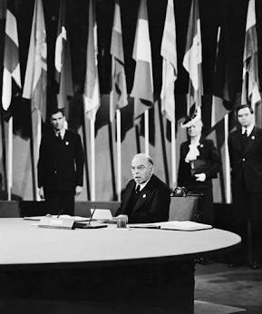 Prime Minister Mackenzie King signing the UN Charter in San Francisco., AI generated