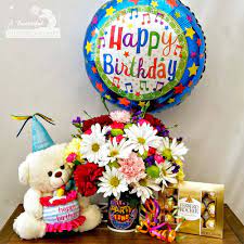 Send flowers with your birthday greeting! Happy Birthday Combo Flowers Bear Chocolates And Balloon In Long Beach Ca A Beautiful California Florist