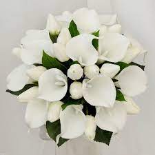 25cm 9 8 Diameter White Pu Tulip Calla Lily Green Leaves Decoration Satin Ribbon Handle W Wedding Flowers Tulips Ribbon Flowers Bouquet Bridal Bouquet Flowers