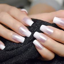 Pearl Shine Glossy Fake Nails Shimmer White Square Ombre French