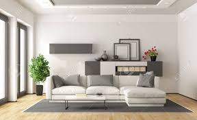 This piece dominates the room, reflecting the color of the patterned area rug at center. White And Gray Modern Minimalist Living Room 3d Rendering Stock Photo Picture And Royalty Free Image Image 77267551