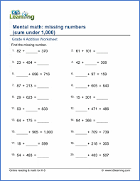 Fill in the missing numbers christmas themed number worksheet from missing number worksheets, source:mpmschoolsupplies.com. Grade 4 Math Worksheet Addition With Missing Addend Under 1 000 K5 Learning