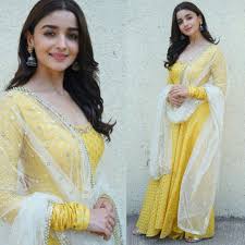 Alia Bhutt Designer Yellow Embroidered Anarkali Suit Instagram, designed by gargi singh). alia bhutt designer yellow embroidered anarkali suit