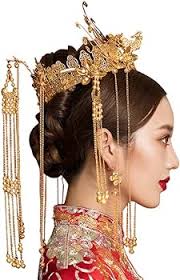 Amazon.com : Getrelax Chinese Wedding Bride Hair Accessory Chinese Crown  Wedding Hair Accessories Golden Flower Floral Beaded Flapper Headband  Jeweled ...