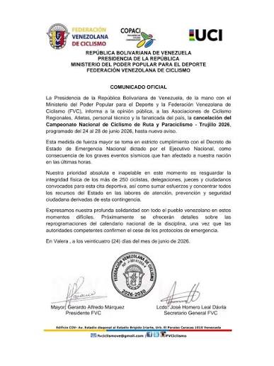 UltimoMomento 🟡 Suspendido Campeonato Nacional de Ciclismo de Ruta. # ciclismo #trujillo #venezuela #feveciclismo