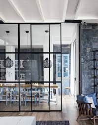 Modern Monochrome Kitchen Diner With Blue Chairs And Pendant Lights The Room Edit Glass Room Room Divider Walls Living Room Divider
