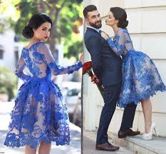 New Royal Blue Long Sleeves Lace Arabic Cocktail Dresses Scoop Knee Length A Line Short Homecoming Party Prom Gowns Vestidos Said Mhamad Cheap Dresses De Kleider