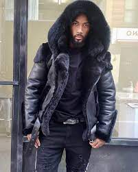 Men Shearling Black Biker Style With Black Fox Fur Hood Fur Leather Jacket Mens Shearling Jacket Mens Fur Coat