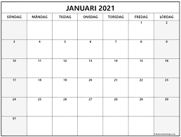 Kalendrarna är tomma och utskrivbara med förinställt utskriftsområde. Januari 2021 Kalender Svenska Kalender Januari