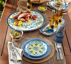 Blue is on trend for traditional kitchen designs while rainbow or floral patterns add a lively touch to mealtimes. Cabo Melamine Dinnerware Set Of 4 Blue Pottery Barn