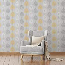 Trendy youthful bedroom with gray navy and yellow with images. Fine Decor Riva Wallpaper Fd41594 Tree Grey Yellow White For Sale Online Ebay Yellow Living Room Grey And Yellow Living Room Best Living Room Wallpaper