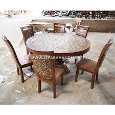 Harga meja kayu jati belanda / untuk meja tv , meja aquarium, meja tulis dll. Jual Set Meja Makan Bulat 6 Kursi Koin Jati Jepara Terbaru