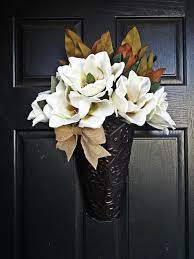 Magnolia Bucket Wreath Hanging Basket Wreath Burlap Magnolia Etsy Door Decorations Front Door Decor Front Entry Decor