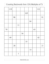 The Backwards 120 Chart With Multiples Of 7 E 120 Chart 120 Chart Printable Math Charts
