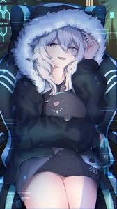 shishiro botan, ssrb (shishiro botan), hololive, commentary, english  commentary, highres, 1girl, animal ears, aoi eno, black hood, black hoodie,  black nails, black shirt, black skirt, chair, fangs, gaming chair, grey  eyes, grey