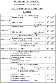 Casa județeană de pensii mureș este organizată și funcționează ca serviciu public descentralizat, în subordinea casei naționale de pensii publice, denumită în continuare c.n.p.p., fiind investită cu personalitate juridică în baza prevederilor legii nr.263/2010 privind sistemul unitar de pensii publice, cu completările și modificările ulterioare privind statutul propriu al c.n.p.p. Casa Judeteana De Pensii Sibiu Program Cu Publiculprogram
