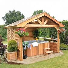 This Wooden Cottage Themed Hot Tub Depicts The Rustic Country Side Theme The Cottage Is Set On A Wooden Pl Hot Tub Landscaping Hot Tub Backyard Hot Tub Garden
