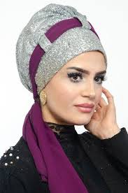 Aise Tesettur Gumus Gold Simli Fularli Abiye Bone Gumus Siyah Trendler