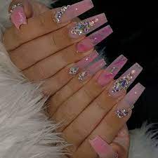 Pink Nails Diamond Nails Long Acrylic Nail Designs Rhinestone Nails