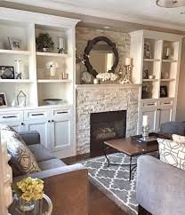 Farmhouse White Cabinents With Stone Fireplace Cozy Living Room Ideas Rugsinlivingroom Farm House Living Room Cozy Living Room Design Fireplace Built Ins
