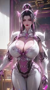 A woman in a white and pink outfit with a large breast - SeaArt AI HD phone wallpaper