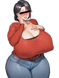 black hair blush breasts censored eyes cleavage curvy huge  breasts jeans kisuu lipstick mature female milf mole original plump short  hair white background wife 
