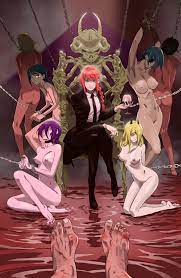 higashiyama kobeni, makima (chainsaw man), power (chainsaw man), quanxi  (chainsaw man), reze (chainsaw man), chainsaw man, highres, 5girls,  background characters, black eyes, black hair, blonde hair, blood, bone,  breasts, chain, corpse, death,
