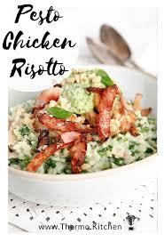 A Classic Thermomix Creamy Chicken Risotto Served With A Dollop Of Zingy Pesto And Topped With Pan Fri In 2021 Chicken Risotto Thermomix Recipes Dinner Risotto Recipes