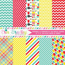 Movie Party Digital Paper Pack In Red Yellow Turquoise Etsy Digital Paper Digital Paper Pack Bunting Pattern