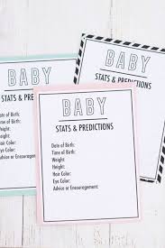 For this easy baby shower guessing game, cut out these printable game slips and ask shower guests to fill in their guesses about the baby's birthday, weight, and more! Free Printable Baby Predictions Cards Baby Shower Game