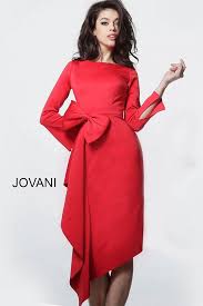 Jovani M2694 Red Knee Length Bow Detail Contemporary Dress In 2020 Contemporary Dresses Red Cocktail Dress Long Sleeve Cocktail Dress