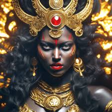 Goddess Kali, black skin, protruding red tongue, gold, magic, explosions,  …" — image created in Shedevrum