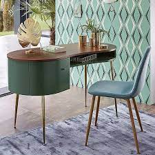 Crafted of solid rubberwood and manufactured wood with acacia. Mid Century Modern Green Curved Office Desk Computer Desk With Shelves Storage Gold Legs