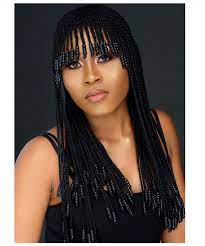 Braided Wig With Bangs And Beads Neatly And Tightly Done The Length In The Picture Is 22 Long Braided Hairstyles African Braids Hairstyles Braids Wig