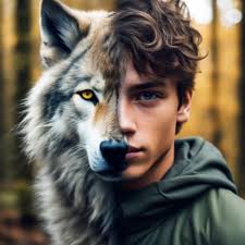 Children of the forest, Jeffrey, double exposure guy +wolf, half of the  face is a wolf, and the other half is a guy…" — image created in Shedevrum