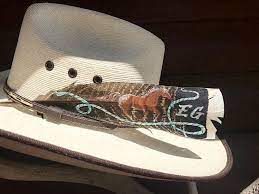 Custom Hat Feather Juvenile Wild Turkey Tail Feather Painted With Running Horse Western Lariat Rope And Your C Custom Cowboy Hats Custom Hats Feather Crafts