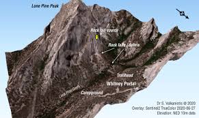 The whitney portal store, whitney portal campground, recreation residents, lone pine campground and meysan lake trail all remain closed, according to the report. Sotiris Valkaniotis On Twitter A 3d Of The Rock Fall Debris Location In The Lone Pine Slope Over Whitney Portal Landslides Triggered From The M5 8 June 24 Earthquake Sentinel2 Image From June 27