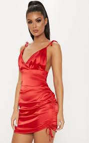 45 Red Bodycon Night Out Dress Pick This Beautiful Dress Designed By Prettylittlething The Fabric Used In 2020 Ruched Bodycon Dress Red Bodycon Dress Shiny Dresses
