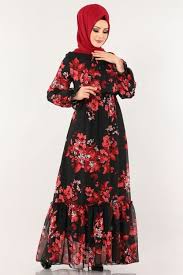 Modaselvim Elbise Cicek Desenli Sifon Elbise 1193ant317 Siyah Muslim Dress Long Dress Fashion