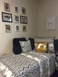 Black Gold And White Dorm Room White Dorm Room Dorm Room Apartment Decor