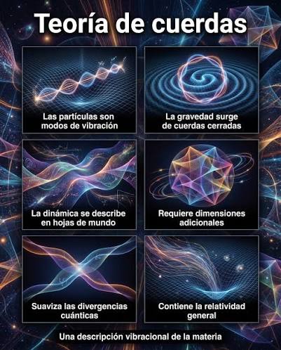 La teoría de cuerdas propone que las partículas fundamentales no son  puntos, sino objetos unidimensionales extremadamente pequeños llamados  cuerdas. Las distintas partículas surgen como modos de vibración de estas  cuerdas. En su