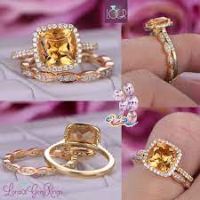 Cushion Citrine Wedding Ring Sets Art Deco Diamond Wedding Band 14k Yellow Gold 8mm Citrine Wedding Ring Wedding Ring Sets Citrine Ring Engagement