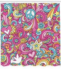 Groovy Decorations Shower Curtain Set Psychedelic Complex Funky Decorative Patterns Stars Back To 60s Fun Retro Artsy Print Bathroom Accessories 69w X 70l In Hand Drawn Vector Illustrations Psychedelic Art Seamless