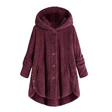 Scenxion Women Fleece Hoodie Top Sweater Blouse Womens Soft Fuzzy Hooded Jumper Hoody Jacket Coat Taupe Fashion Asymmetrical Button Hem Plus Size