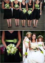 Love The Colored Sashes With The Black Dresses And The Coordinated Flowers Green Bridesmaid Dresses Wedding Bridesmaid Dresses Green Bridesmaid