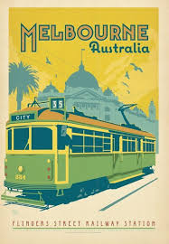 Vintage Poster Melbourne Australia Travel Tram Flinders Street Station Transport Retro Poster Klassische Reiseposter Reiseposter
