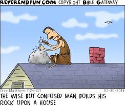 Description A Man Carving A Rock On Top Of A House Caption The Funny Christian Jokes Bible Humor Christian Cartoons