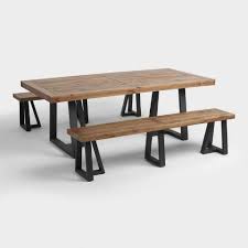 Reclaimed distressed custom industrial bench, sofa table. Essen Wooden And Iron Dining Table With 2 Benches Soni Art